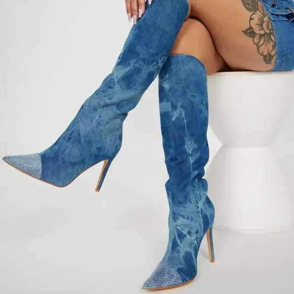 Fashion Nova Rhinestone Denim Knee High Boots Size 10 - Picture 1 of 9